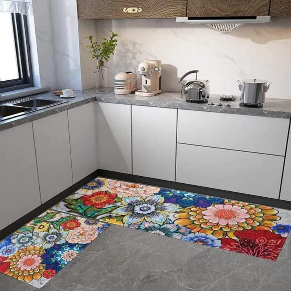 New Colorful 2-Piece Floral Kitchen Rug Set, Decorative Low-Profile Mats